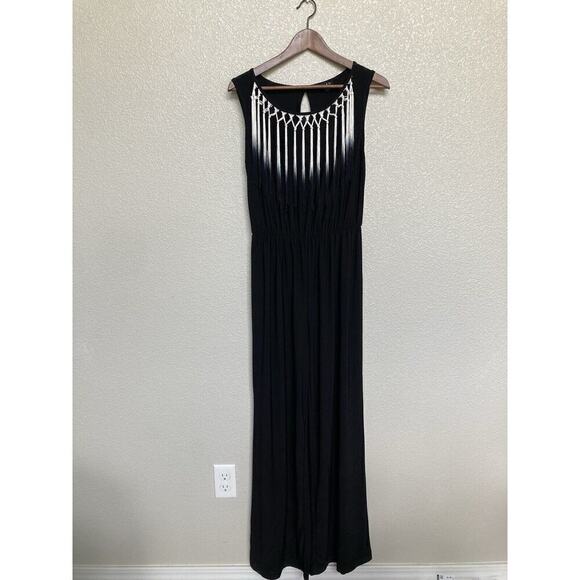 Sami & Jo black fringe jumpsuit size Small sleeveless scoop neck wide leg travel - Picture 1 of 7